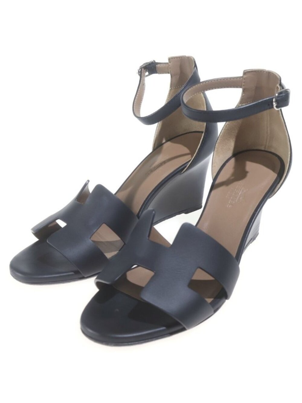Hermes Legend Logo Leather Silver Ankle Strap Sandals Shoes Black 36.5